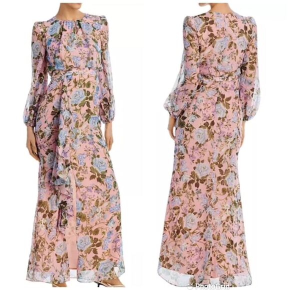 ELIZA J Pink Floral Long Sleeve Maxi Dress Chiffon Ruffle Front Slit Size 14 New - Picture 1 of 13